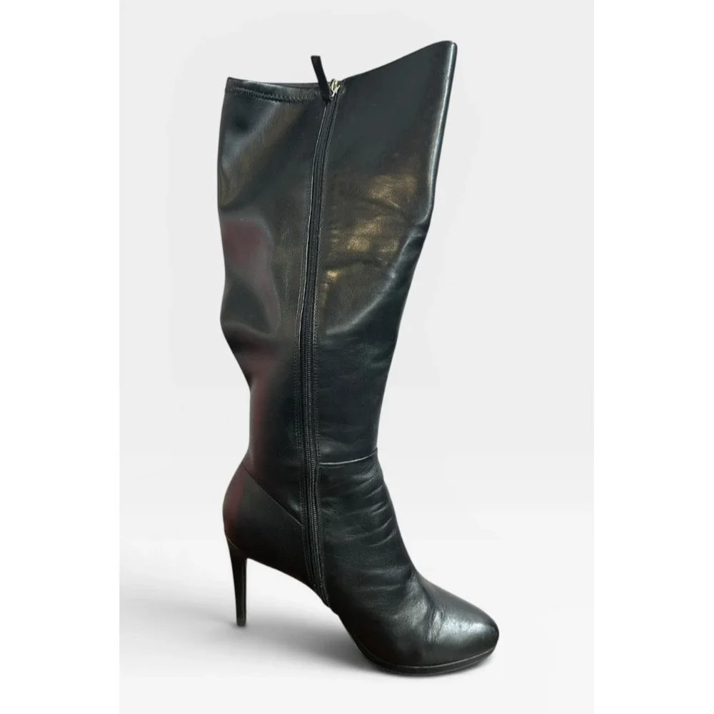 NINE WEST Quizme Black Soft Leather Platform Stiletto Heel Zip Tall Boot Size 11 - Picture 2 of 16